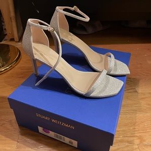 Stuart Weitzman Silver Glitter Ankle-Strap Heels